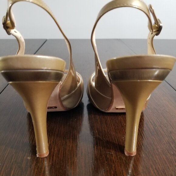 Cole Haan Womens 9B Nike Air Gold Patent Leather Heel Sling Back Open Toe Heels - Picture 4 of 12